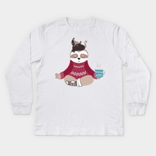 Hygge sloth doing yoga Kids Long Sleeve T-Shirt